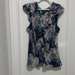 Roz & Ali Paisley Ruffle Sleeve Blouse - Teal, brown and cream - 18/20